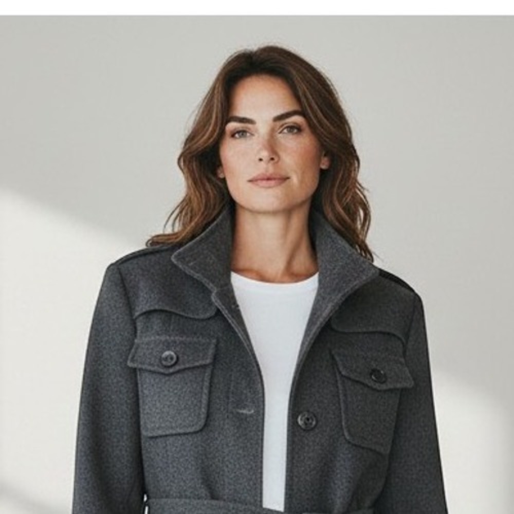 Kenneth Cole Reaction Womens Wool Blend Military Coat Gray Size 6 Stand Collar